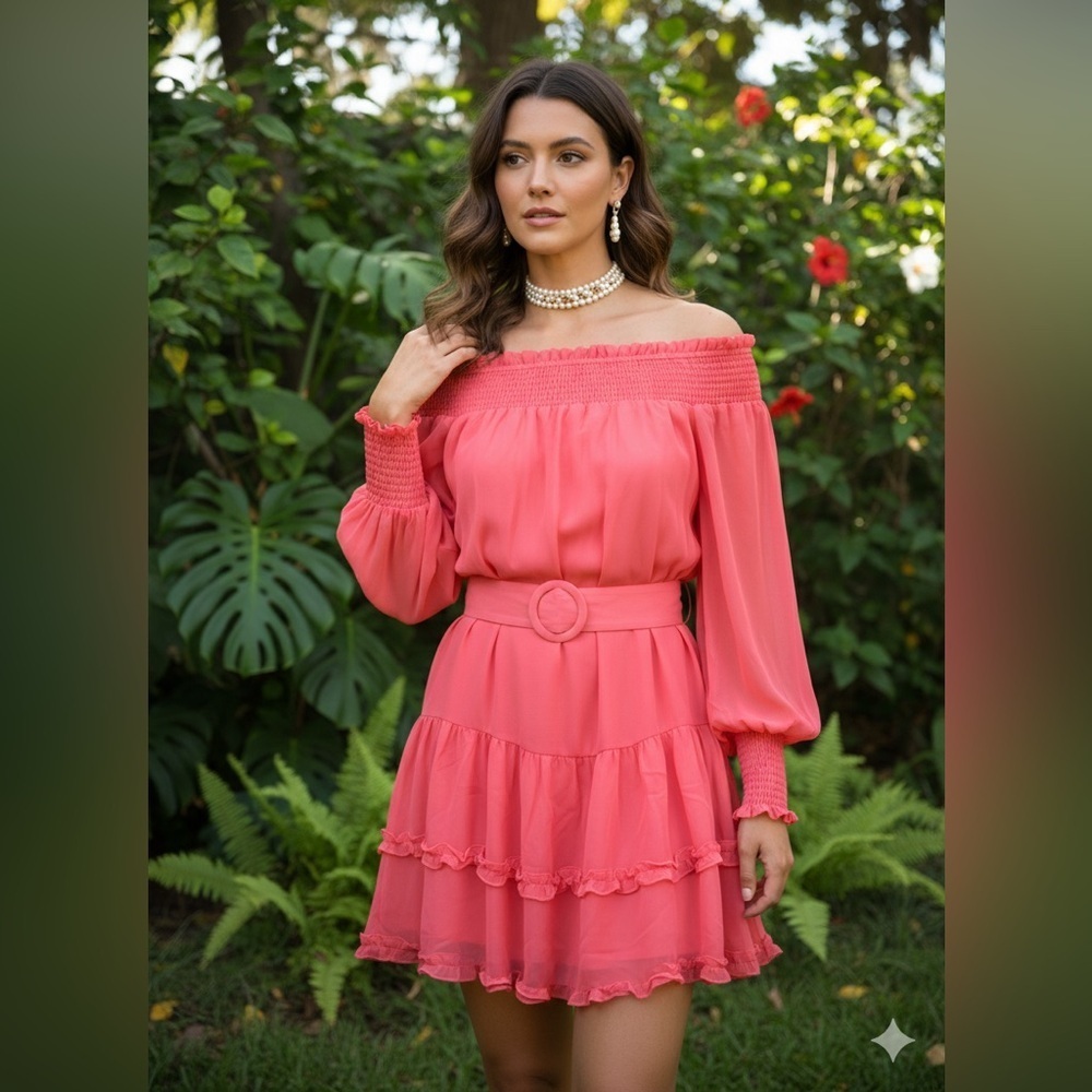 NWT BCBGeneration Belted Off Shoulder Coral Ruched Neckline/Wrists Lined Size 6
